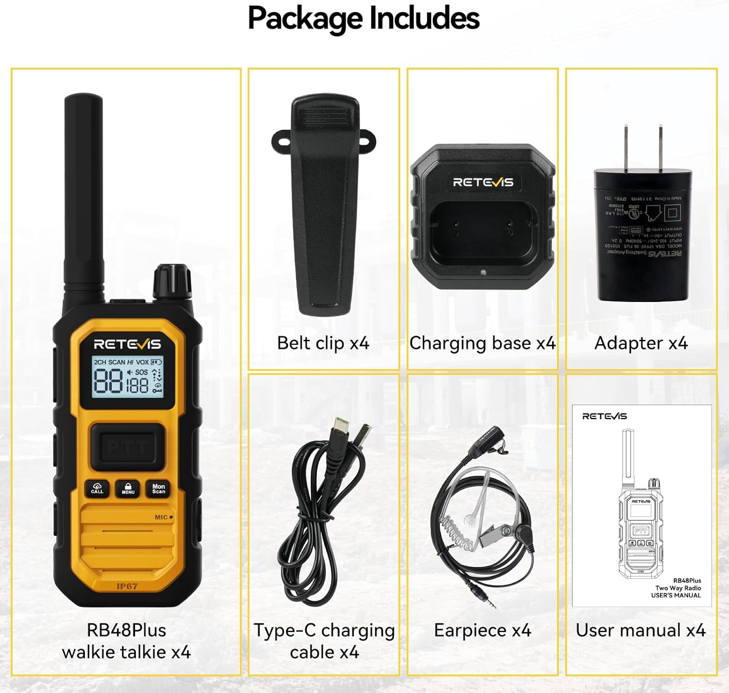 Retevis RB48 Plus Heavy Duty Walkie Talkies with Earpiece, IP67 Waterproof Two Way Radios, Long Range 2 Way Radio, Group Call, VOX, SOS, NOAA (4 Pack)