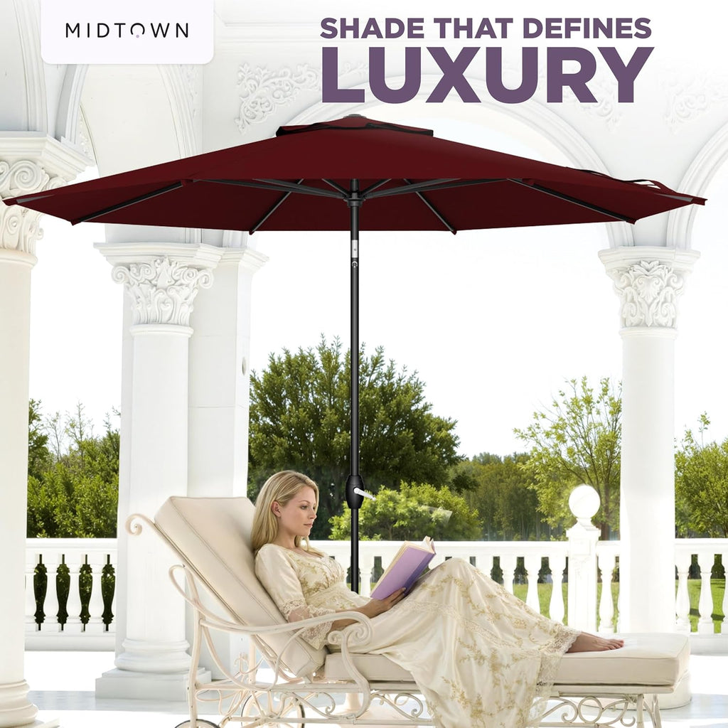 Midtown Umbrellas - The Lean 9 Ft Patio Umbrella with Fade-Resistant Sunbrella Fabric, Auto-Tilt Aluminum Frame and 8 Reinforced Ribs for Deck, Pool & Garden - Burgundy Canopy, Black Pole