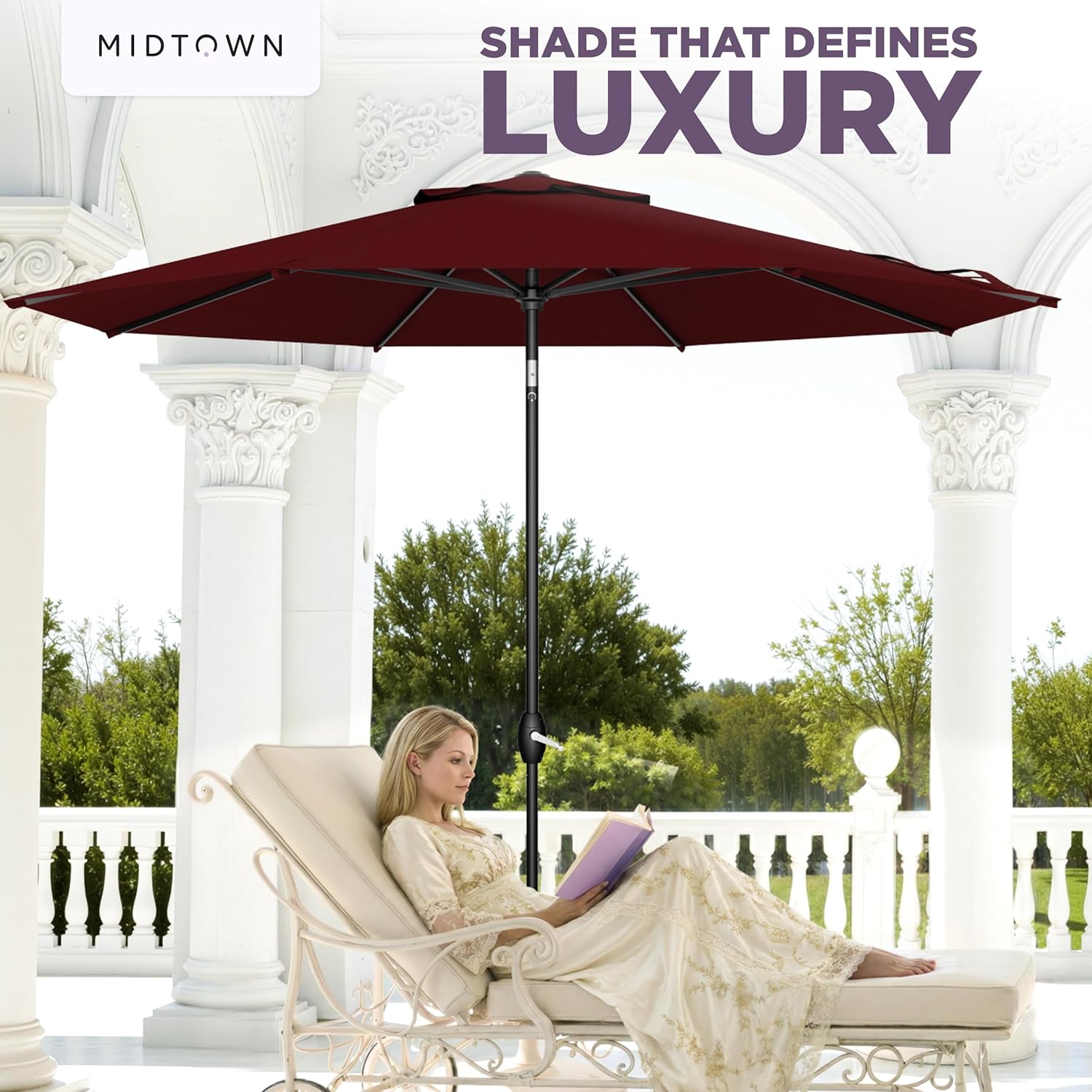 Midtown Umbrellas - The Lean 9 Ft Patio Umbrella with Fade-Resistant Sunbrella Fabric, Auto-Tilt Aluminum Frame and 8 Reinforced Ribs for Deck, Pool & Garden - Burgundy Canopy, Black Pole