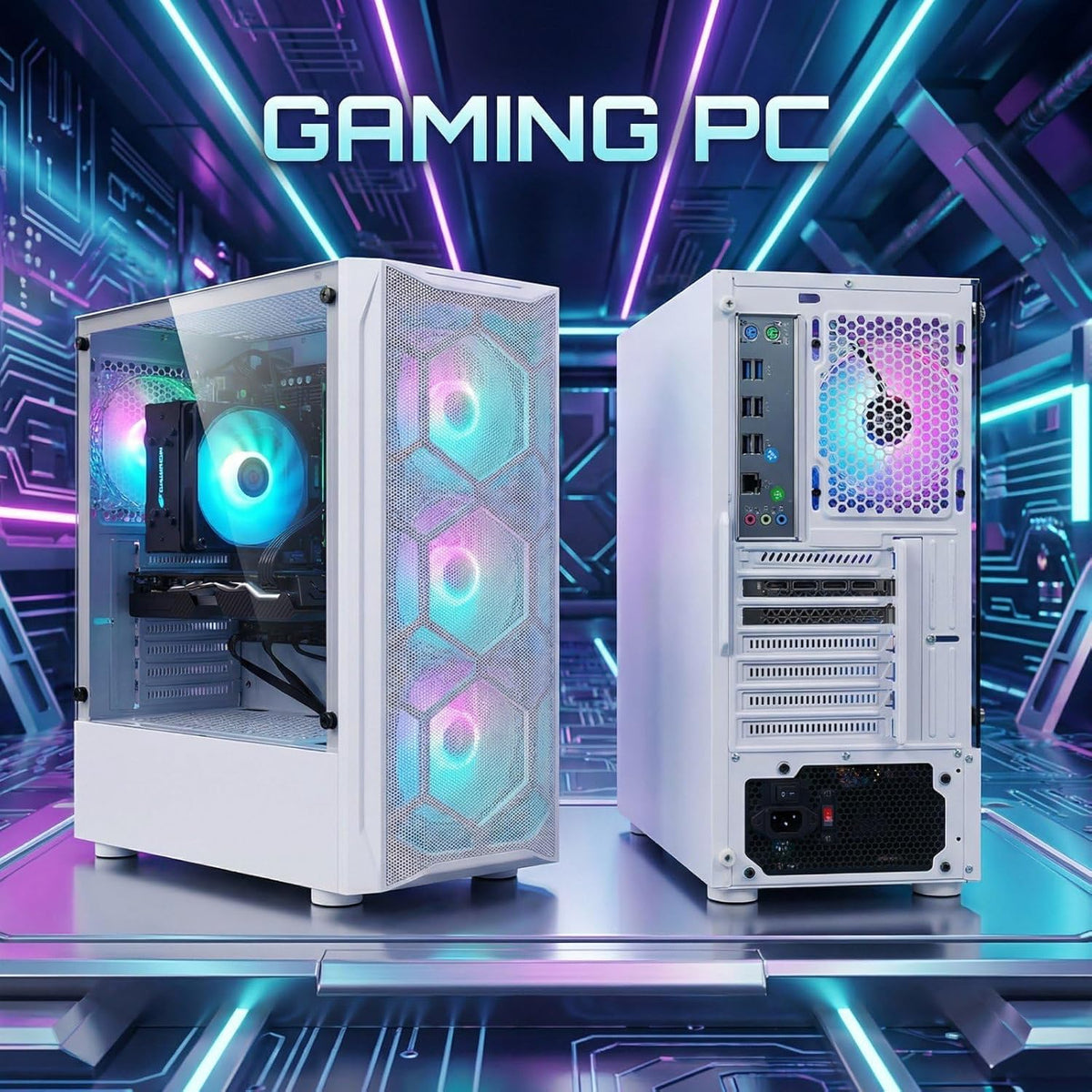 STGAubron Gaming PC Desktop Computer, Intel Xeon E5 2.5G up to 3.3GHz, Radeon RX 590 8G, 32GB RAM, 1TB SSD, WiFi, BT 5.0, RGB Fan x4, Windows 11 Home,White