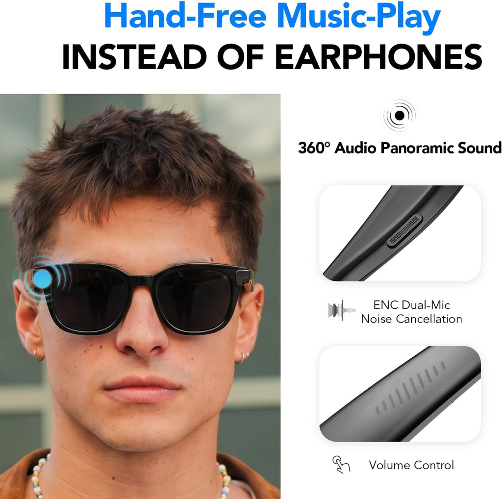 King Will AI Bluetooth Smart Glasses with 8MP Camera & Privacy Protection, 4K 1200P Pro-Stabilized Video Recording, 139+ Language Real-Time Translation, AI Voice Assistant, 8H Playtime, Sunglass Lens