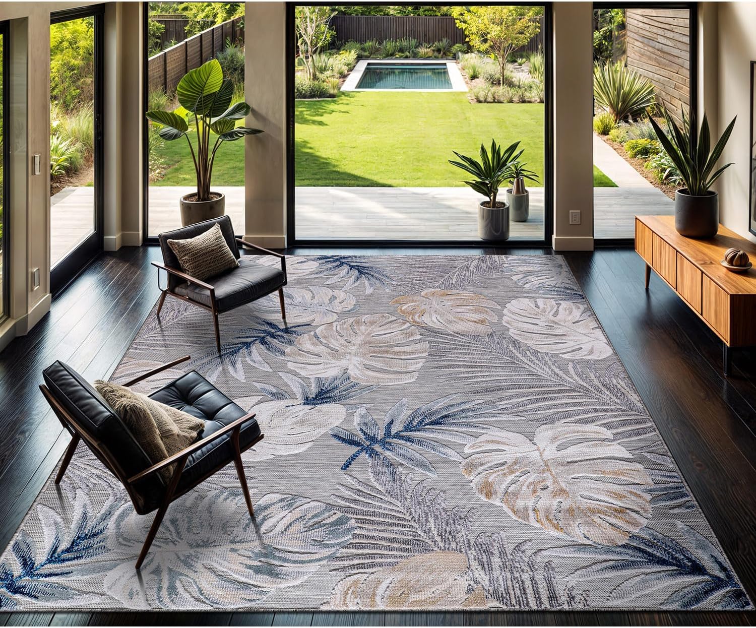 CAMILSON Indoor Outdoor Rug, Blue 7'10”x10' Leaf Tropical Botanical Area Rugs for Indoor and Outdoor patios, Easy-Cleaning Non-Shedding Living Room, Garden and Kitchen Washable Outside Carpet (8x10)