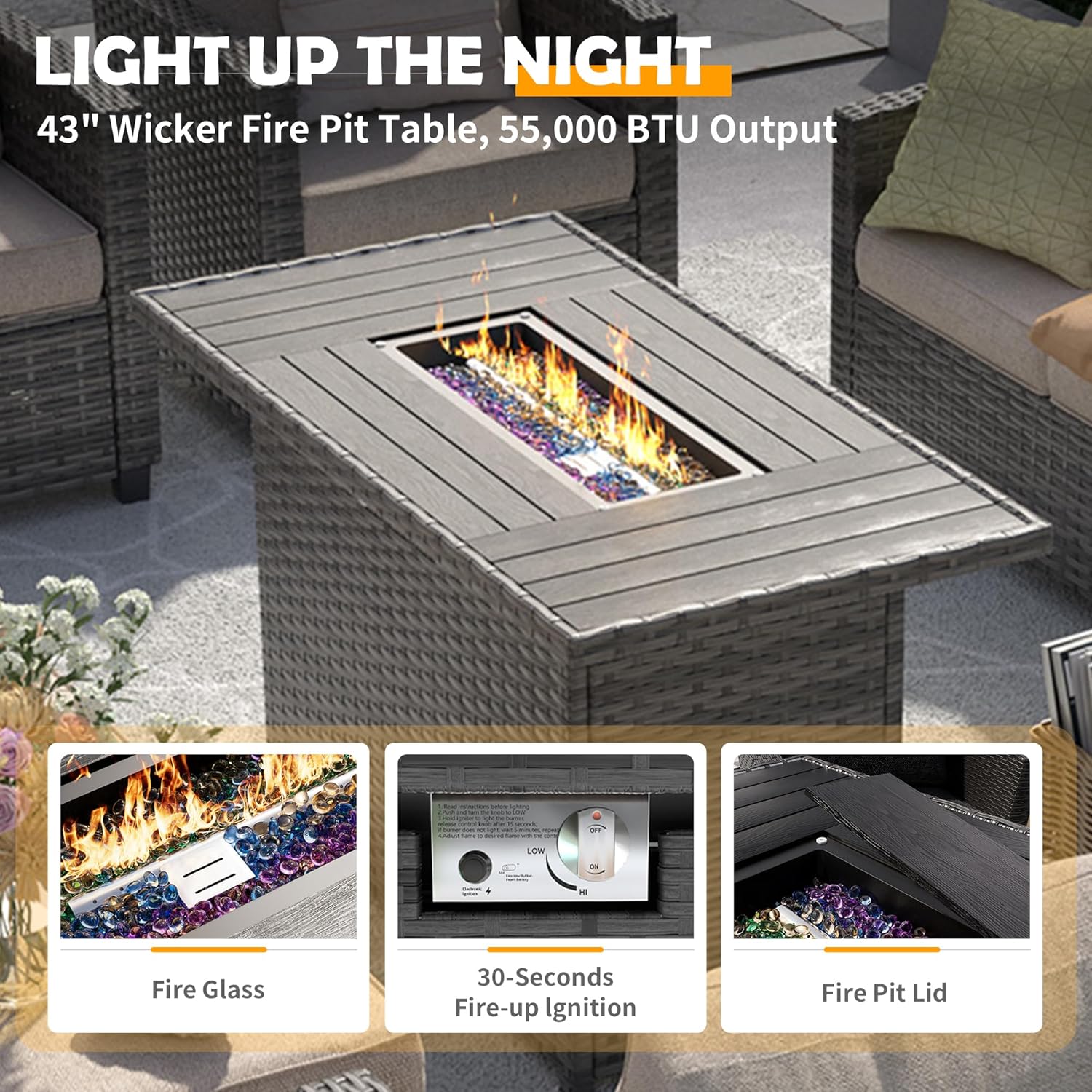 UDPATIO Patio Furniture Set with 44" Fire Pit Table, 6 Pieces Outdoor Sectional Conversation Sets, All-Weather Wicker Rattan Sofa Ottoman with 4" Thick Cushion for Garden Backyard Deck, Khaki