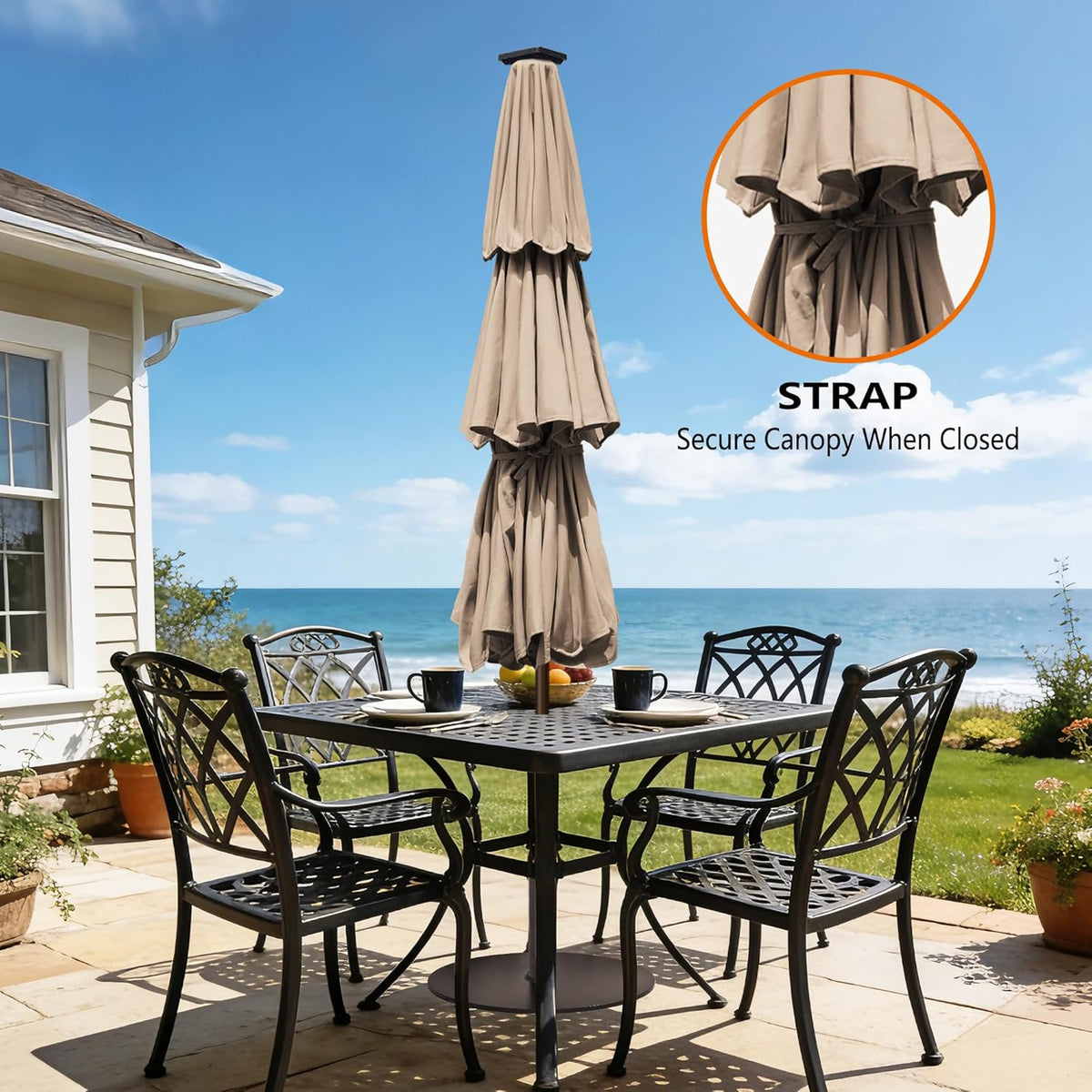 EliteShade USA 10-Year-Non-Fading 10ft 3-Tier Market Patio Umbrella, Commercial Table Umbrella with 80 Solar LED Lights, Crank Open, Windproof & UPF 50+ UV Protection for Garden, Deck, Pool, Backyard, Heather Beige
