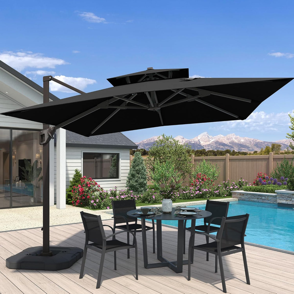 10x10 FT Cantilever Patio Umbrella Double Top Outdoor Square Large Heavy Duty Aluminum Offset Umbrellas with 7 Level Tilt 360-degree Rotation for Pool Garden Deck, Black