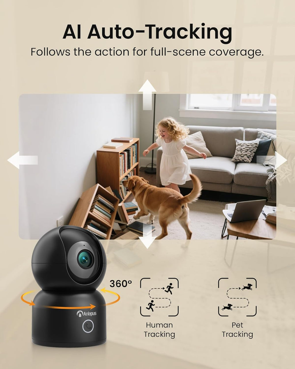 Anlapus A50 4K Pan/Tilt Home Indoor Security Camera, Plug-in WiFi Pet/Baby Monitor with One-Touch Call, AI Human/Pet/Face Tracking, 2.4/5 GHz, Two-Way Talk, Night Vision, 64G Memory Card Storage