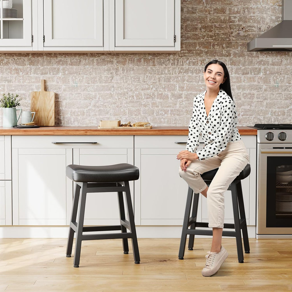 Raynesys Counter Height Bar Stools Set of 2, 24 Inch Barstools for Kitchen Counter, Kitchen Stools with Bonded Leather Saddle Seats & Heavy Duty Metal Legs, Easy Assembly, All Black