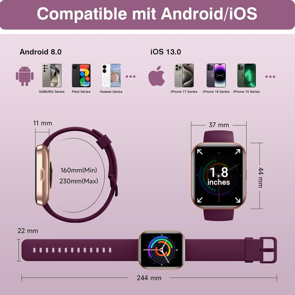 Smart Watches for Women, 1.85" HD Smart Watch for iPhone/Samsung/Android with Calls/Messages/Reminders, 3ATM 120+ Sport Modes Fitness Tracker Watch for Women with Heart Rate/Sleep/SpO2 Monitor, Alexa
