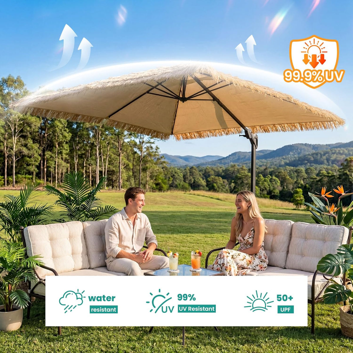 SUNBURY 10x10FT Cantilever Tiki Umbrella,Extra Wide Hawaiian Patio Shade with UPF50+,Perfect for Tiki Bar,Patio Garden Beach Pool Backyard