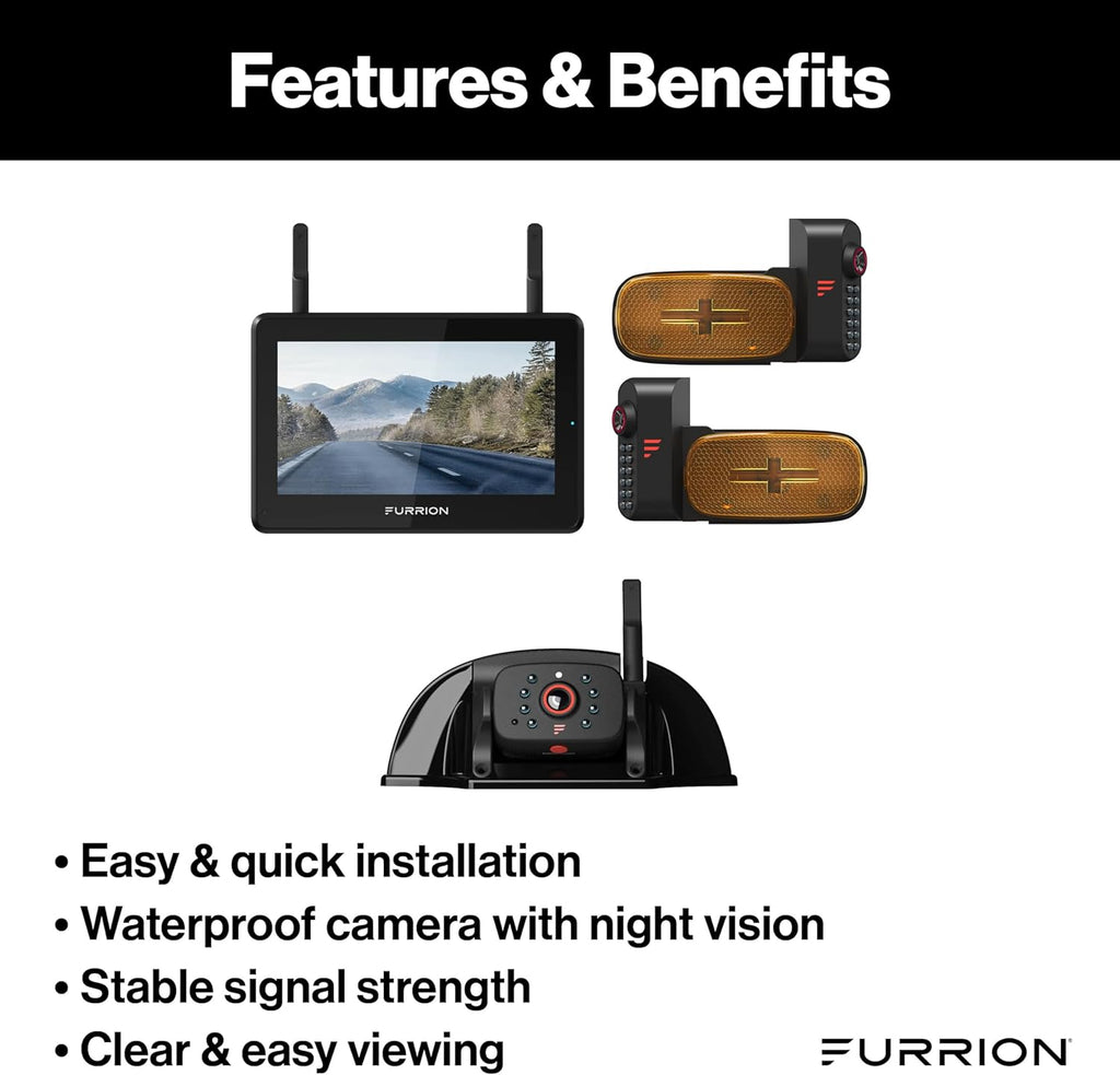 Furrion Vision S+ RV Observation System with 7" Monitor, Left/Right Side Cameras with LED Marker Lights, Sharkfin, Infrared Night Vision, Live Streaming, Wide Viewing Angle - FOS7HTAEN