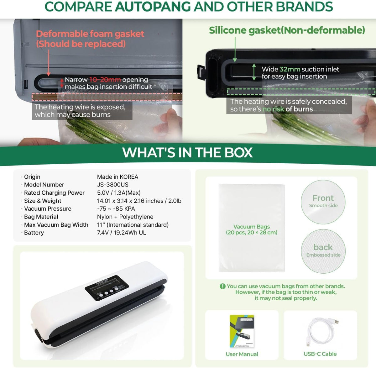 Premium Robotic Vacuum Sealer for Home & Kitchen, 85Kpa Powerful Suction One-Touch Operation Compact Food Sealer for Storage & Meal Prep, Multible Modes with 20 Pre-Cut Pouches