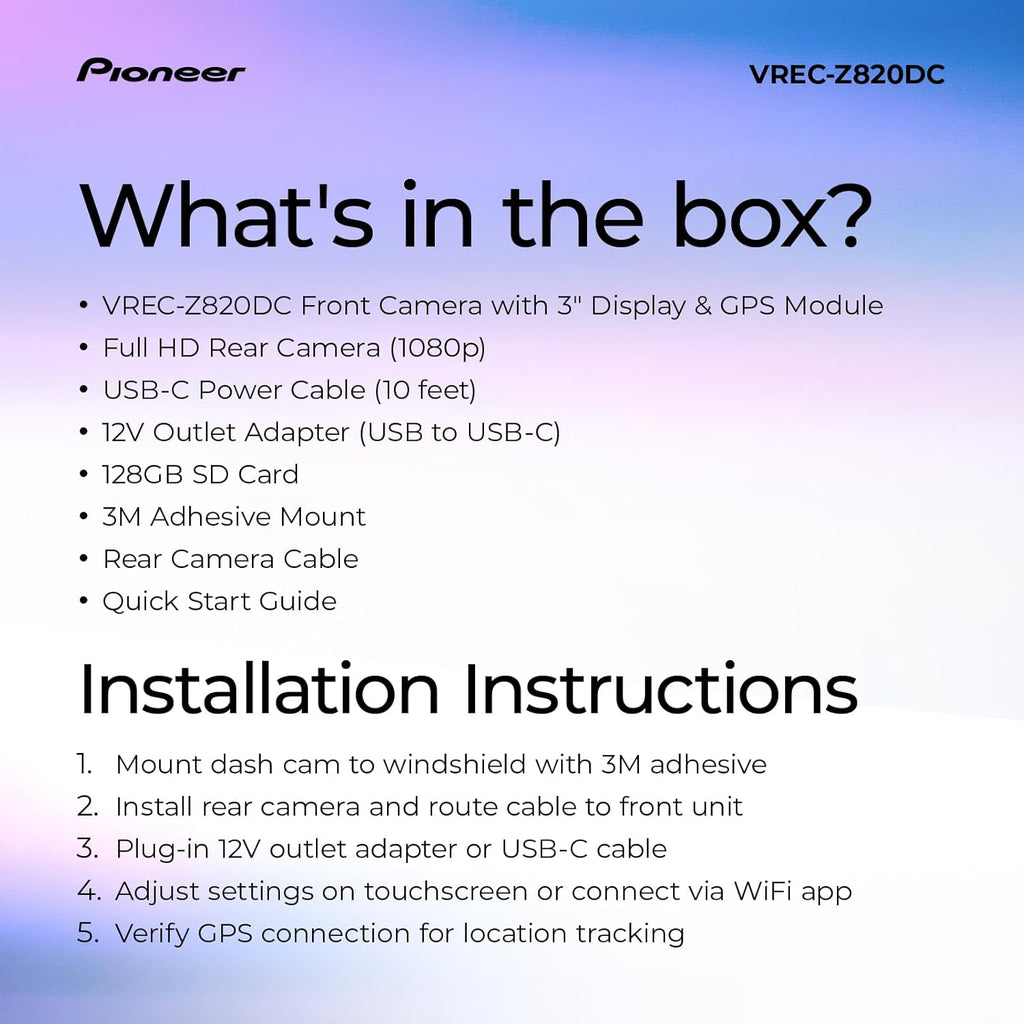 Pioneer VREC-Z820DC Dual Dash Cam Front and Rear Car Camera - Premium 4K Camera, AI-ISP Starvis Night Vision, 139 Degree Wide Lens, ADAS Safety Alerts, Built in GPS, Impact Detection, 24/7 Coverage