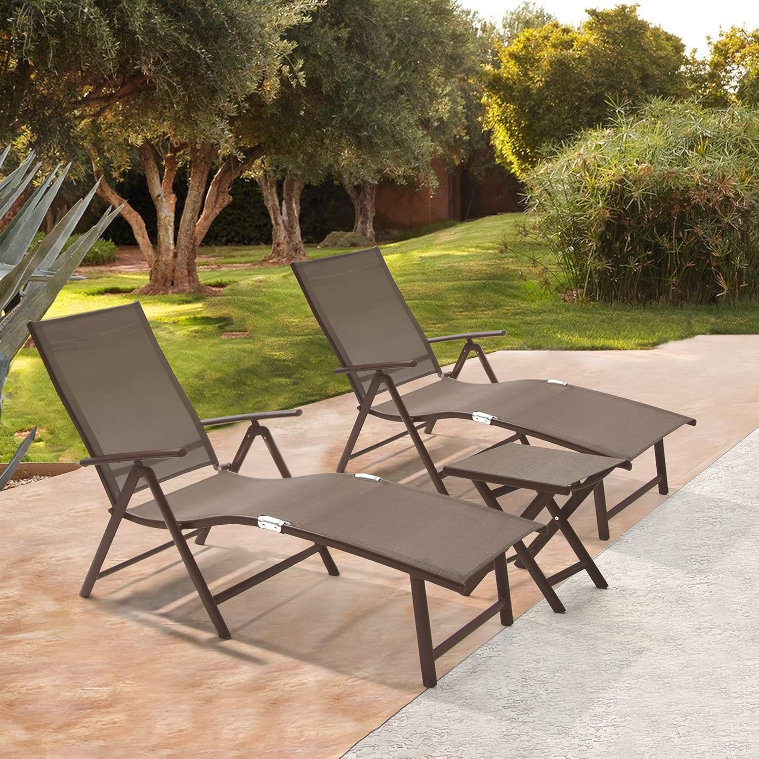 Crestlive Products 2PCS Chaise Lounge Chair Outdoor with 1PC Side Table, Aluminum Folding Patio Recliner Chair, Adjustable 8 Positions Assemble-Free