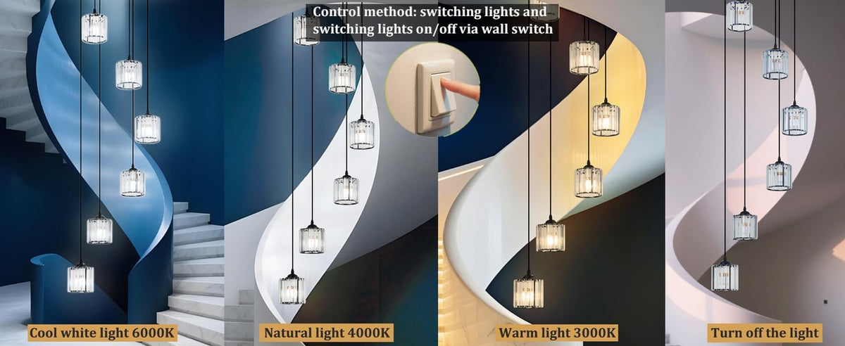 Long Chandeliers for High Ceilings,Modern Crystal Pendant Light,Raindrop Drop Lamp,Hanging Flush Mount Lighting Fixtures for Spiral Staircase,Foyer,Entryway,Living Room,Black (6 Lights)