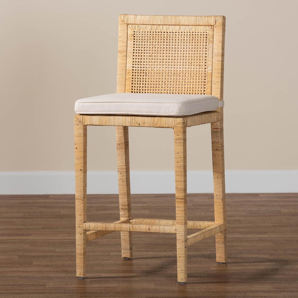 bali & pari Sofia Rattan Counter Stool with Mahogany Wood Frame - Handwoven Wicker Counter Chair with Removable Cushion, Light Honey