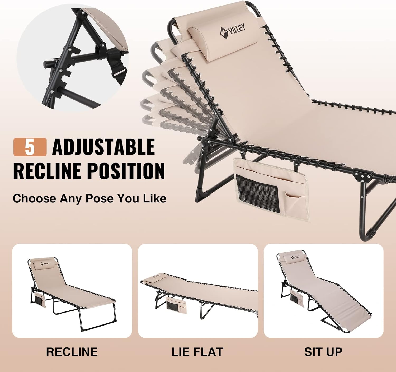 VILLEY Oversized Chaise Lounge Chair, Heavy-Duty Folding Outdoor Lounge Chair with 5 Adjustable Positions, Portable Trifold Beach Lounger for Patio, Beach, Lawn, Backyard, Camping – Beige