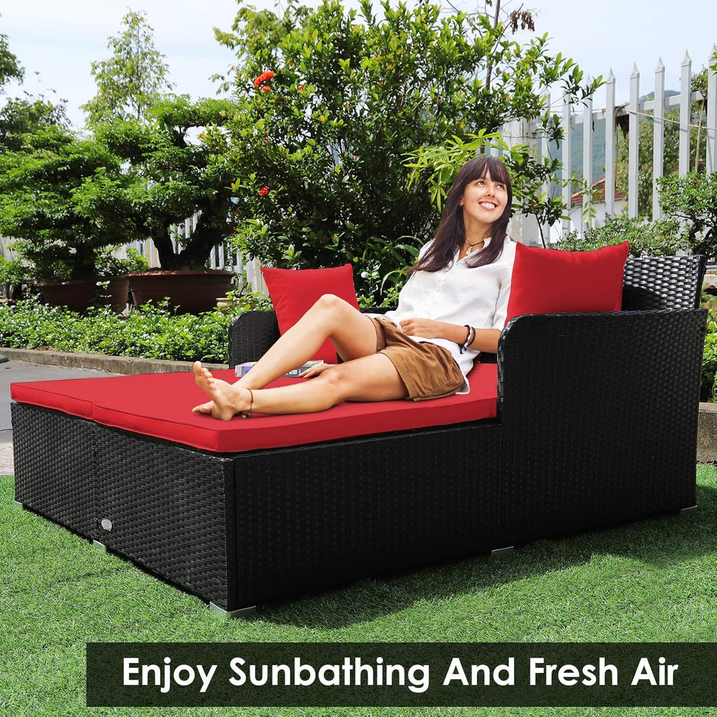 COSTWAY Outdoor Patio Rattan Daybed, Sponge Cushioned Loveseat Sofa with 4 Pillows, Wicker Furniture Sunbed for Balcony, Courtyard (Red)
