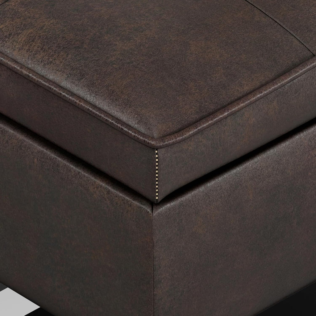 SIMPLIHOME Cosmopolitan Storage Ottoman Bench - 44 inch Wide Upholstered Vegan Leather Rectangle Storage Ottoman in Distressed Brown, Transitional Bench for Bedroom with Tufted Lift-Top and Open Shelf