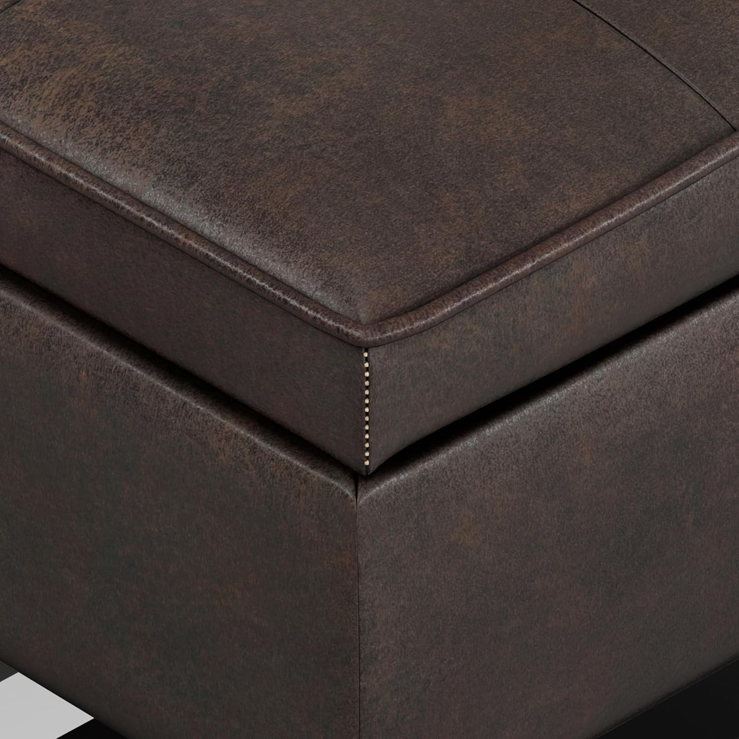 SIMPLIHOME Cosmopolitan Storage Ottoman Bench - 44 inch Wide Upholstered Vegan Leather Rectangle Storage Ottoman in Distressed Brown, Transitional Bench for Bedroom with Tufted Lift-Top and Open Shelf