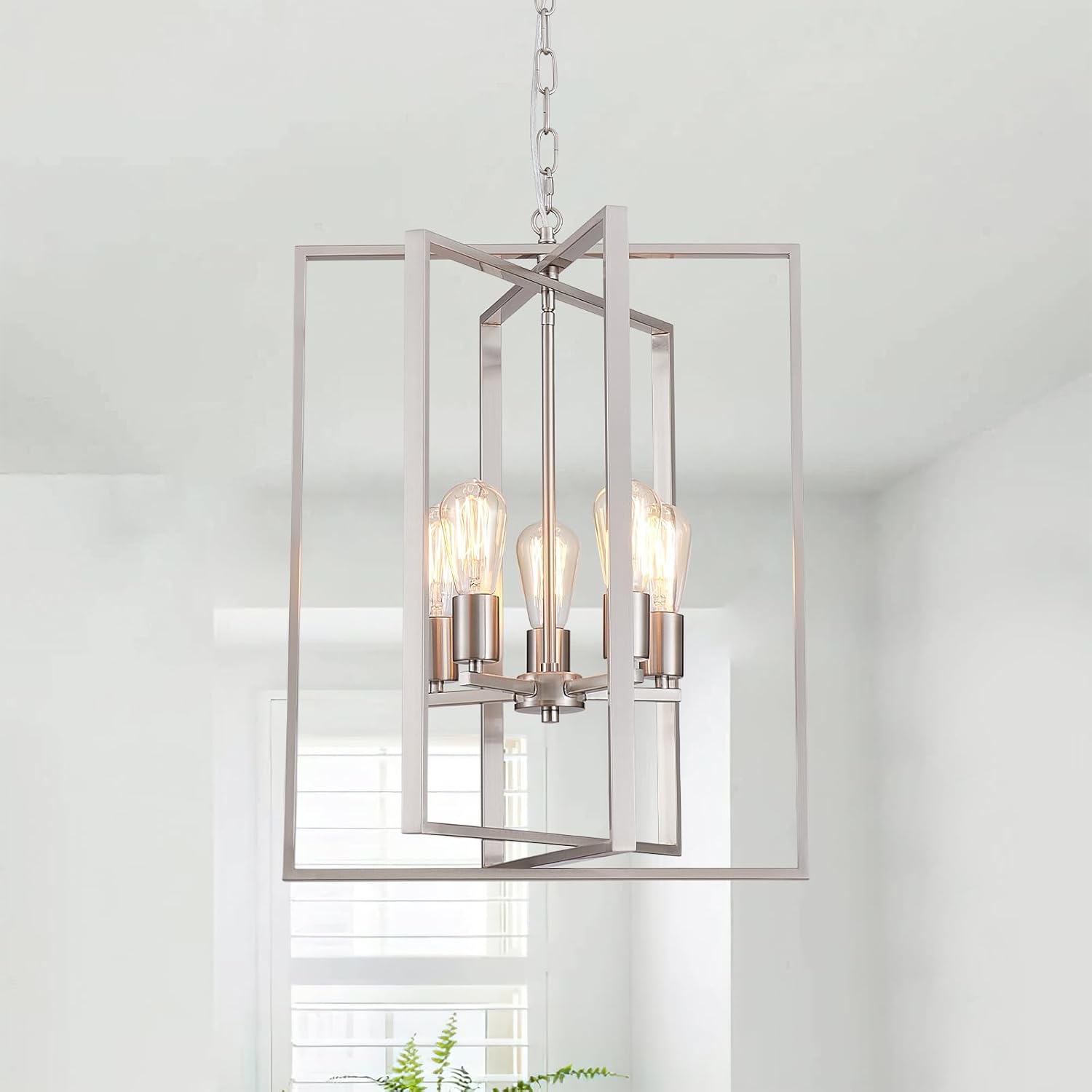 Brushed Nickel Chandelier 5-Light, Dining Room Light Fixture Geometric Metal Modern Pendant Lighting for Kitchen Island Living Room Entryway Bedroom, 18 Inch Hanging Ceiling Lamp