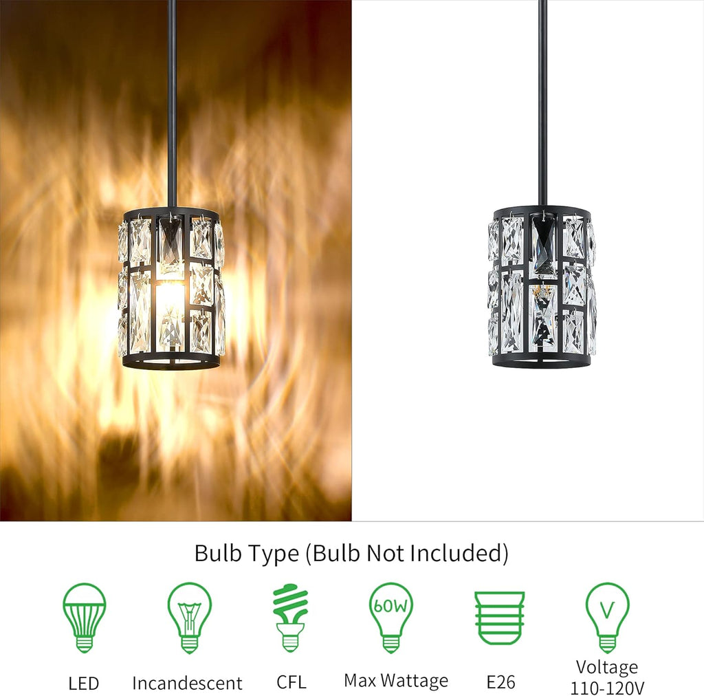 MEXO Modern Crystal Pendant Light Fixture 2-Pack Matte Black Finish Hanging Lighting Crystal Chandelier for Living Room, Kitchen