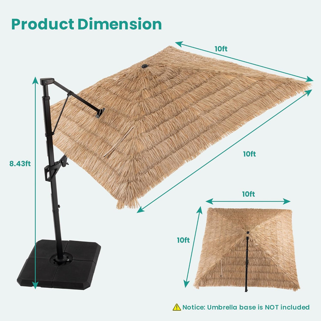 SUNBURY 10x10FT Cantilever Tiki Umbrella,Extra Wide Hawaiian Patio Shade with UPF50+,Perfect for Tiki Bar,Patio Garden Beach Pool Backyard