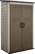 Rubbermaid Vertical Resin Outdoor Storage Shed With Floor (4 x 2.5 Ft) Weather Resistant Brown Organization for Home/Backyard/Garden Tools/Porch/Patio Cushions/Pool Chemicals/Toys