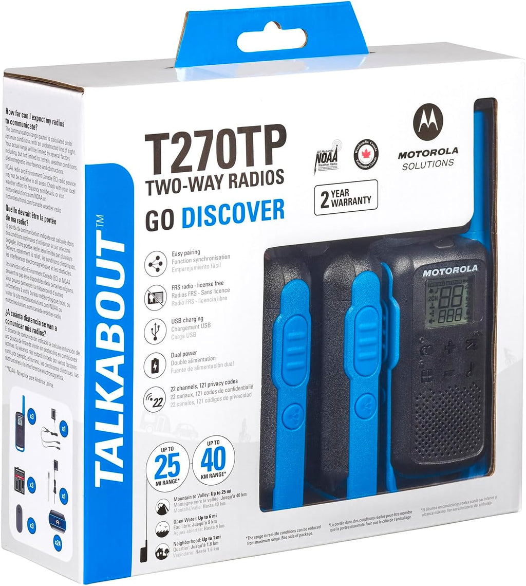 Motorola Solutions, Portable FRS, T270TP, Talkabout, Two-Way Radios, Rechargeable, 22 Channel, 25 Mile, Black W/ Blue, 3 Pack