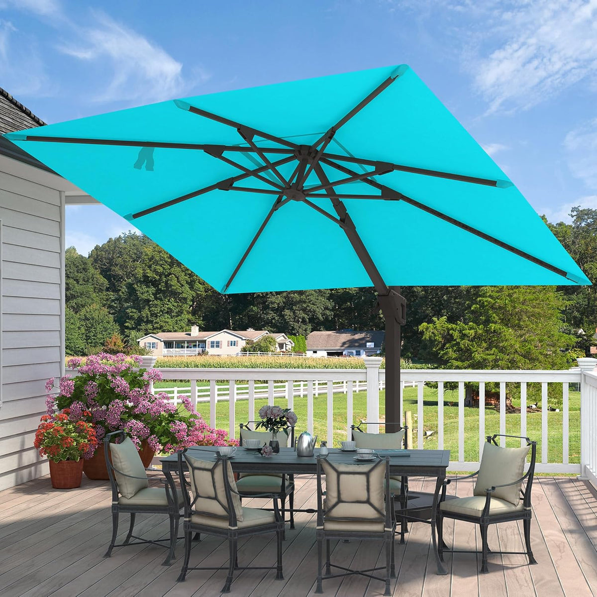 9' X 12' Cantilever Patio Umbrella with Base Included Rectangular Outdoor Large Offset Umbrellas with 7 Tilts Adjustable 360°Rotation for Deck Pool Garden Backyard, Turquoise