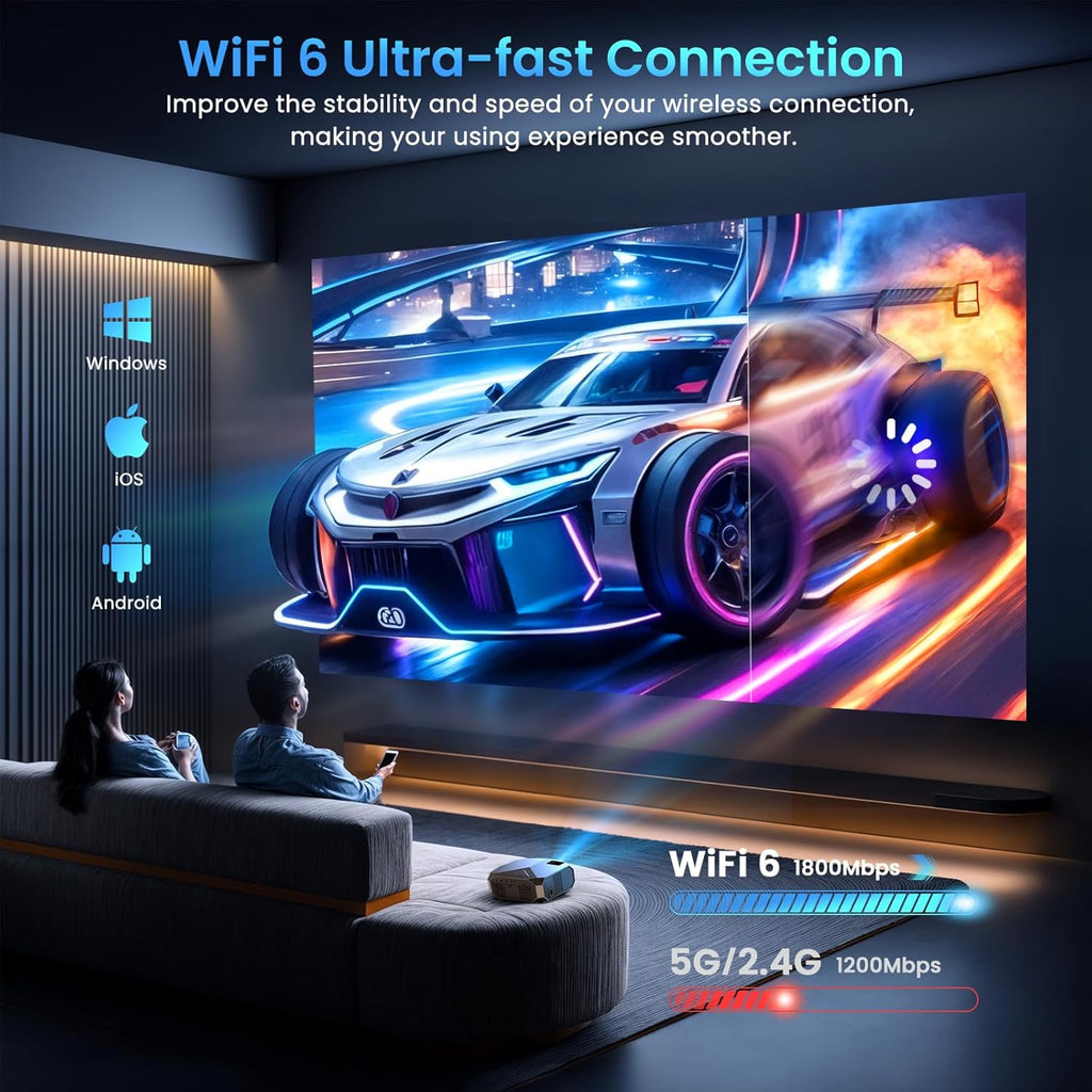Compatible with Netflix/High Brightness Smart Projector with WiFi 6 and Bluetooth 5.3, 4K Outdoor Movie Projector with Prime Video/YouTube, Portable Proyector Compatible with HDMI/USB/iOS/Android