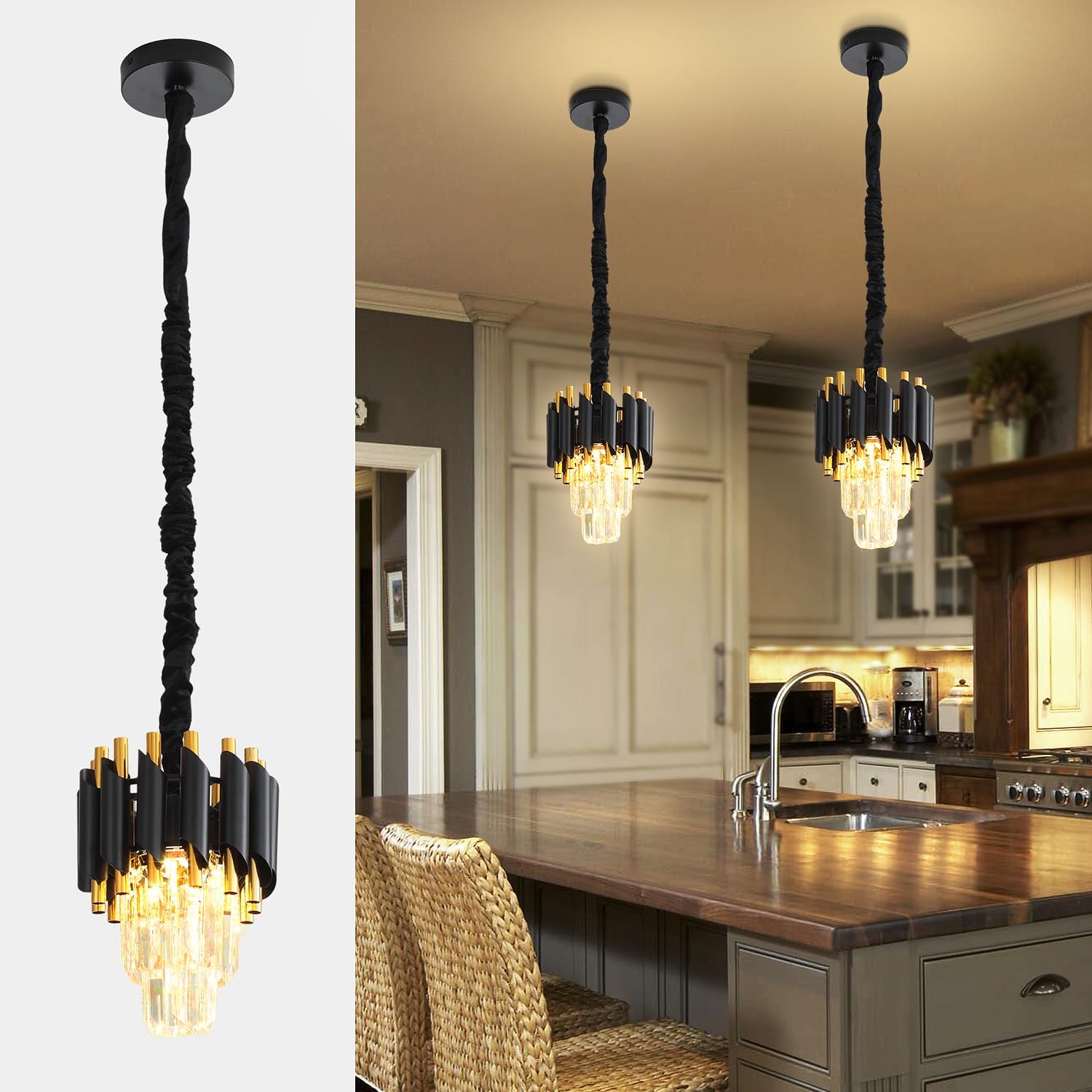 Modern Black Crystal Chandelier 2-Tier Round Pendant Lighting Light Fixture Chandelier for Kitchen Island Entryway Bathroom BedHead Bedroom