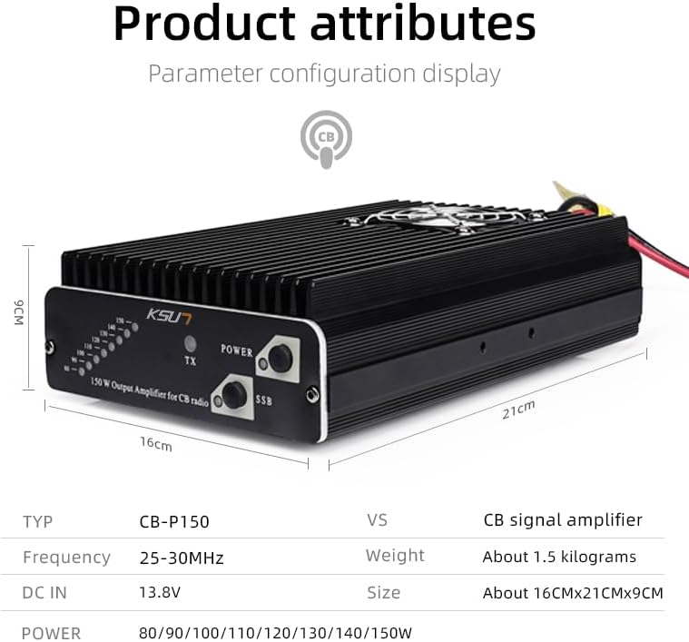 KSUN Output Power for CB Radio, Black, with SSB Mode and TX Indicator CB-P150 (1 Pack, Black)