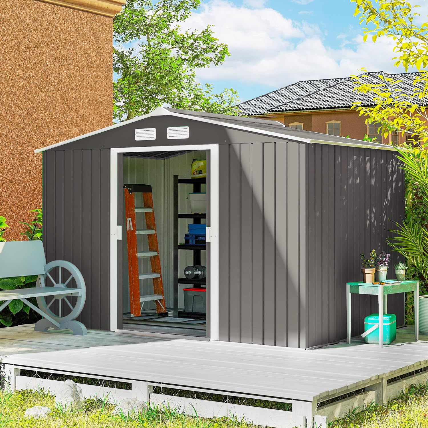 Outsunny 9' x 6' Outdoor Storage Shed, Garden Tool Metal Shed with Foundation Kit, Double Lockable Door, Air Vents and Sloping Roof, for Backyard, Patio, Lawn, Light Gray