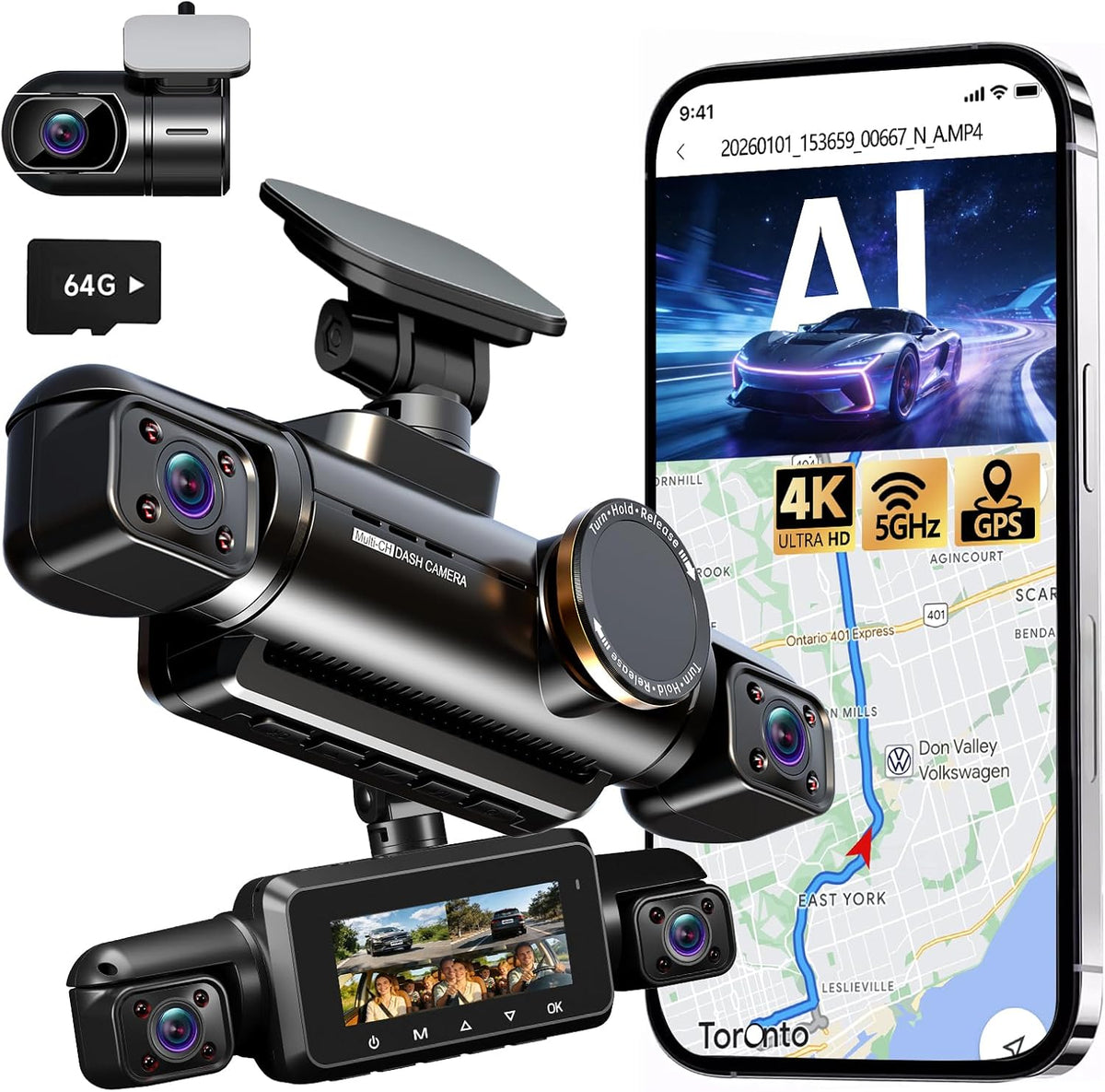 Neideso 360° View 4K 2160P Dash Cam Front and Rear, 4 Channel Dash Camera for Cars, AI Fatigue Driving Monitor, 5G WiFi GPS, 8 IR Lamps Night Vision, Free 64G Card Included, 24H Parking Mode, N700Pro