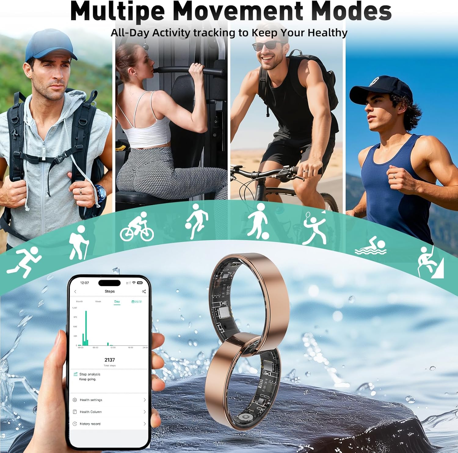Smart Ring with Sleep Monitoring, Step Counting, Heart Rate, Blood Oxygen for iOS and Android, No Subscription Fee, IP68 Waterproof Health Tracker (Silver, 7)