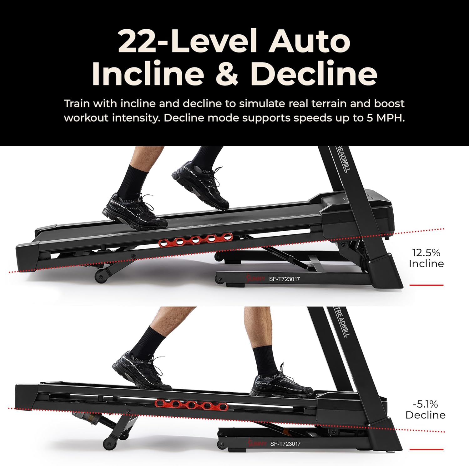Sunny Health & Fitness Treadmill Elite Smart Auto Incline for Home Use, Wide Running and Walking Deck, Flex Shock Suspension with 300 LB Weight Capacity Bluetooth SunnyFit App