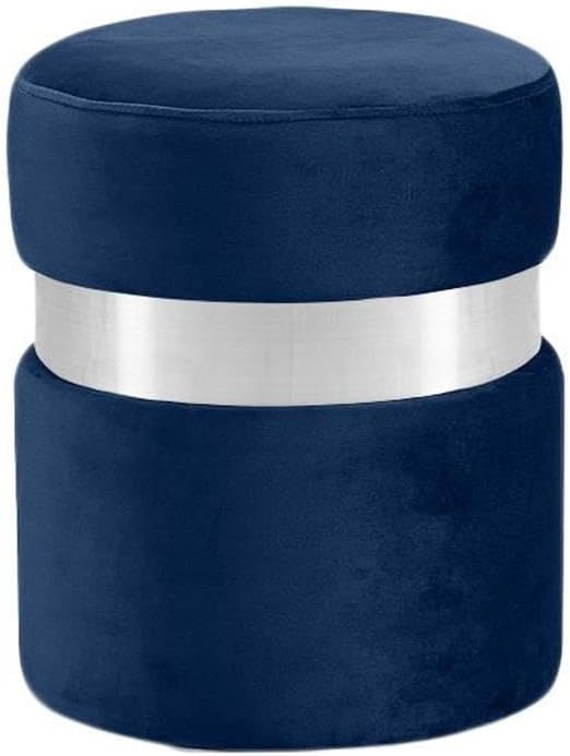 Meridian Furniture Hailey Collection Modern | Contemporary Velvet Upholstered Ottoman/Stool with Stainless Steel Band, 14.5" W x 14.5" D x 17.5" H, Navy