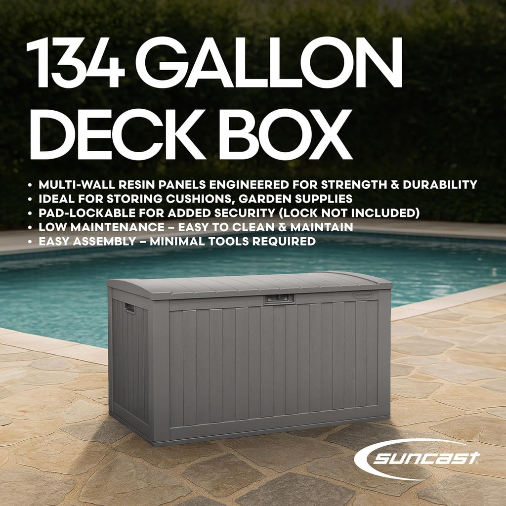 Suncast 134-Gal. Resin Extra-Large Outdoor Patio Deck Box with Pad-Lockable Lid, Modern Outdoor Patio Bench/Storage Box for Cushions, Garden Tools, and More, Dove Gray