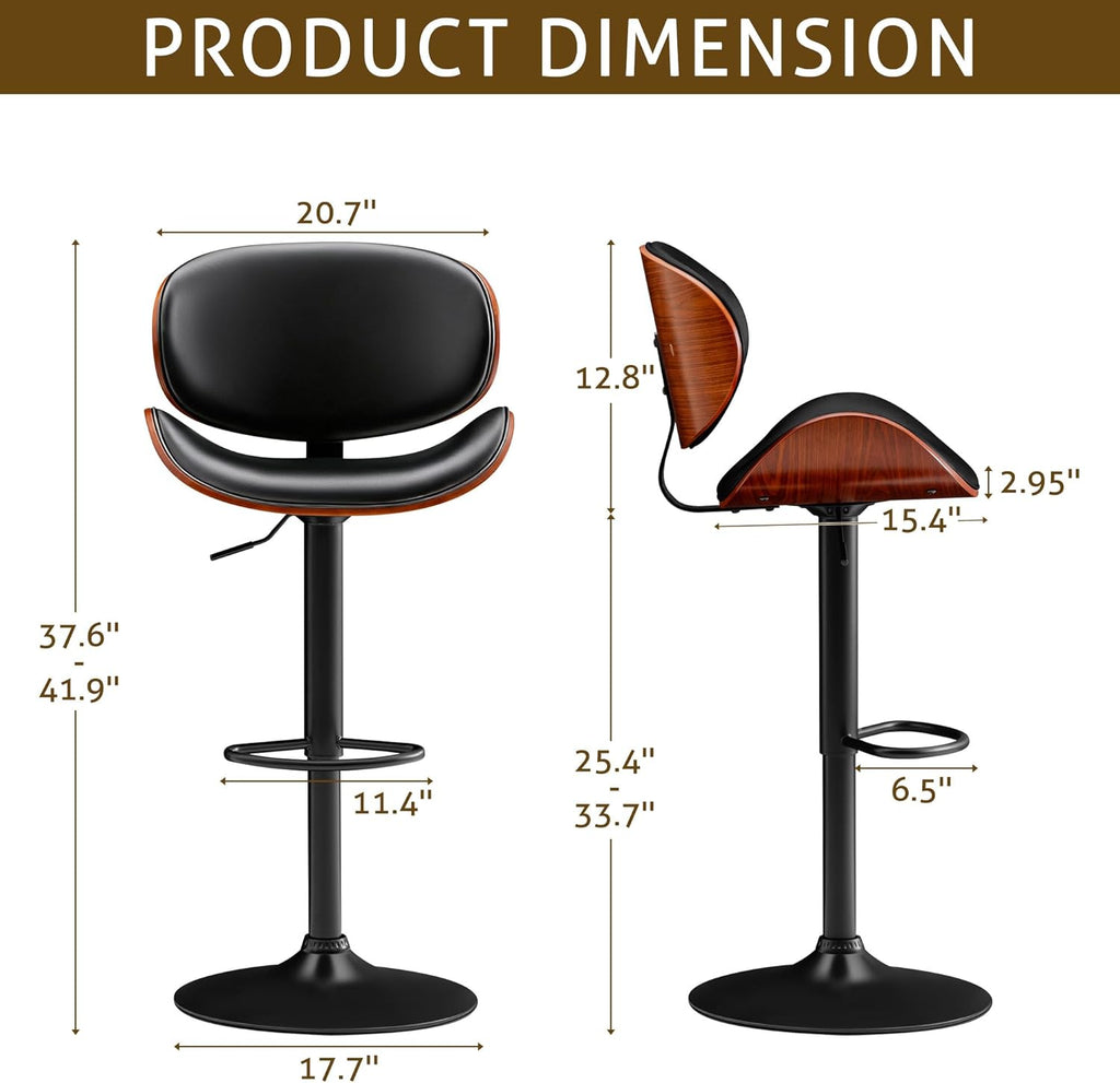 Furmax Bar Stools Set of 2 Adjustable Swivel Bentwood Barstools PU Leather Modern Bar Chairs with Back & Footrest for Bar, Kitchen Island, Dining Room (Black, Set of 2)