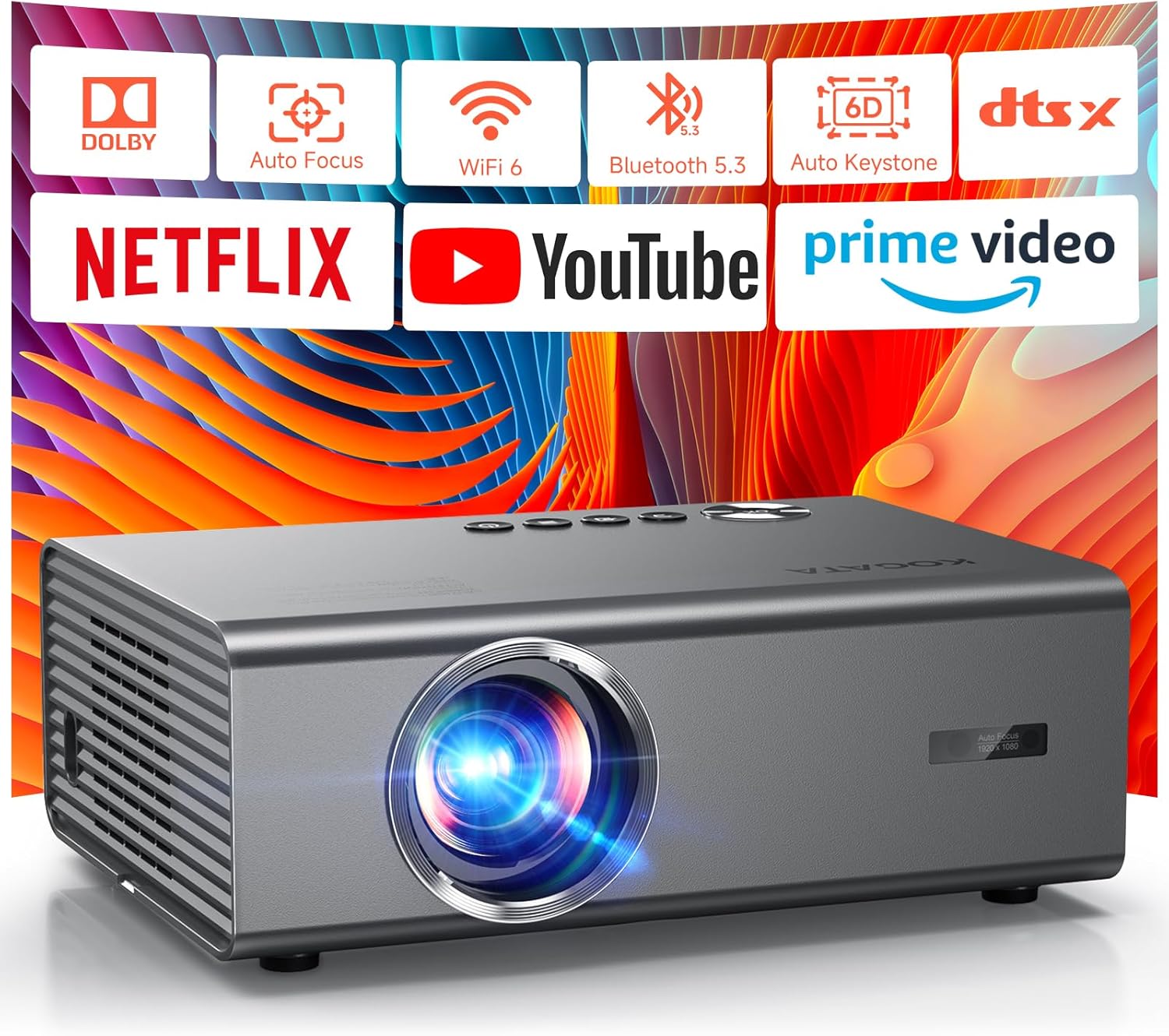 4K Projector with Built-in Apps, 1500ANSI Auto Focus&6D Keystone Dolby Audio Kogata Smart Projector with WiFi 6 Bluetooth Outdoor Movie Proyector for Home Theater HDR10+ UPGRADE