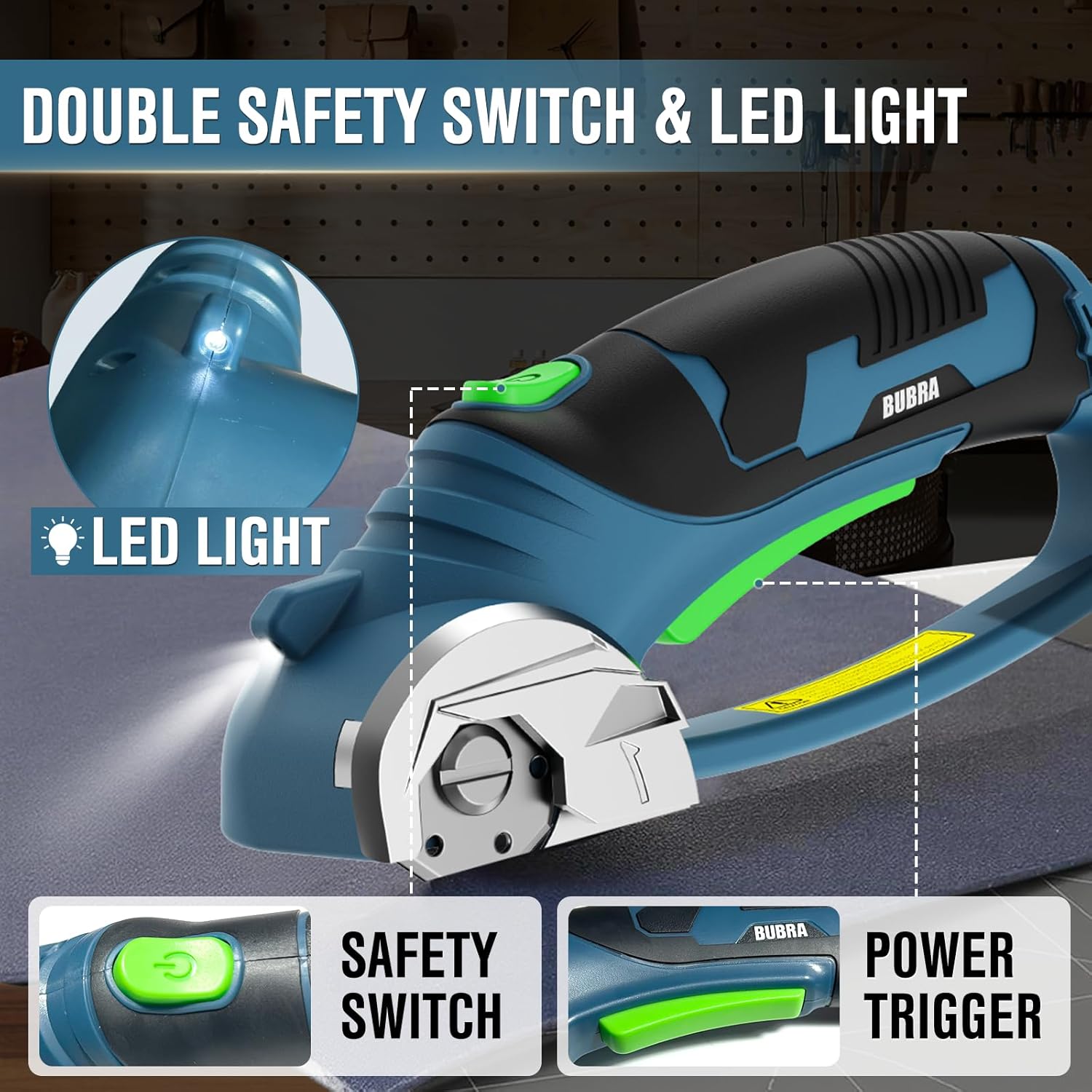 BUBRA Cordless Electric Scissors for Cardboard, Fabric & Carpet, 4V Rechargeable Electric Box Cutter Cuts up to 1/3", Includes 4 Blades and Key, Safety Lock & LED Light