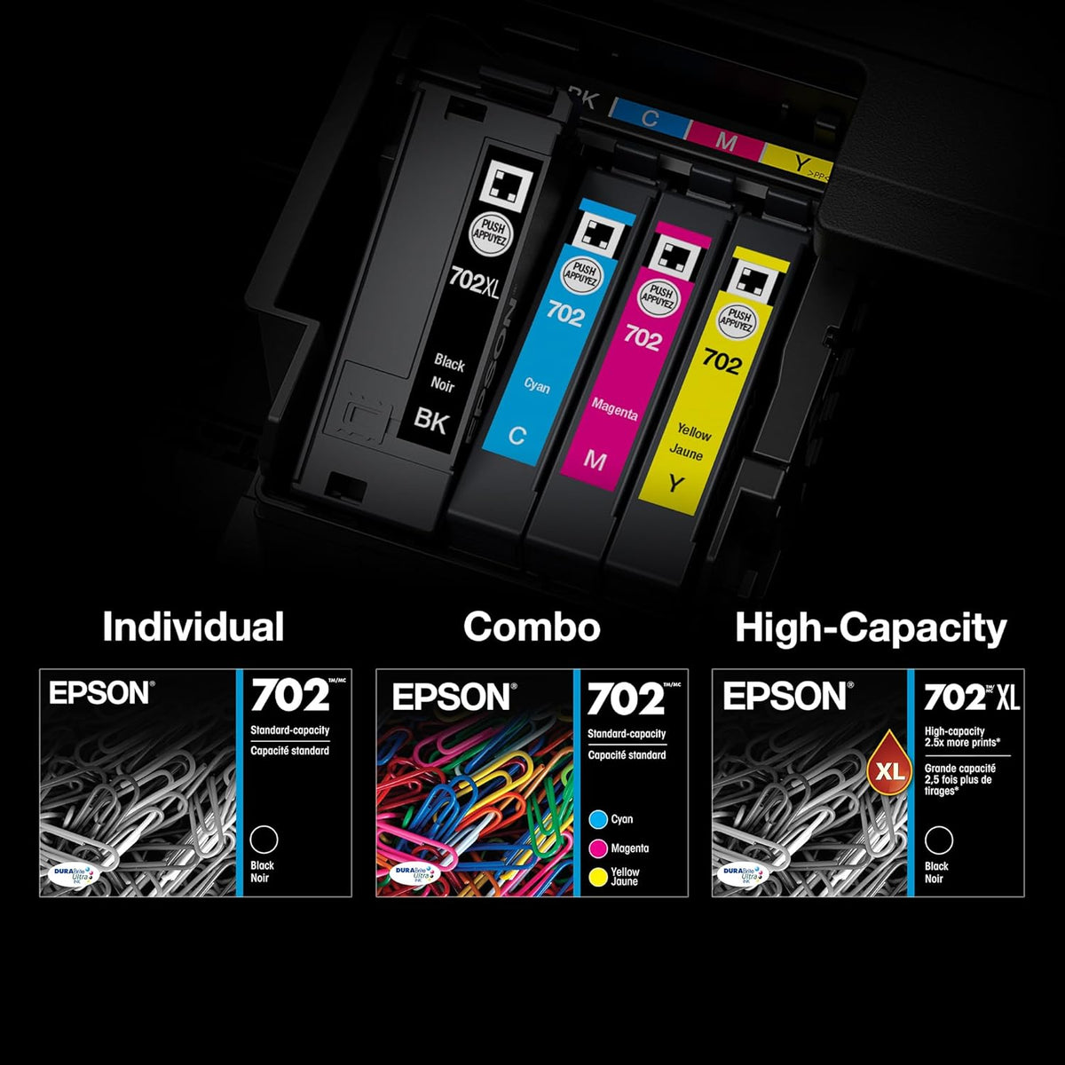 EPSON 702 DURABrite Ultra Ink High Capacity Black & Standard Color Cartridge Combo Pack (T702XL-BCS) Works with WorkForce Pro WF-3720, 3730, 3733