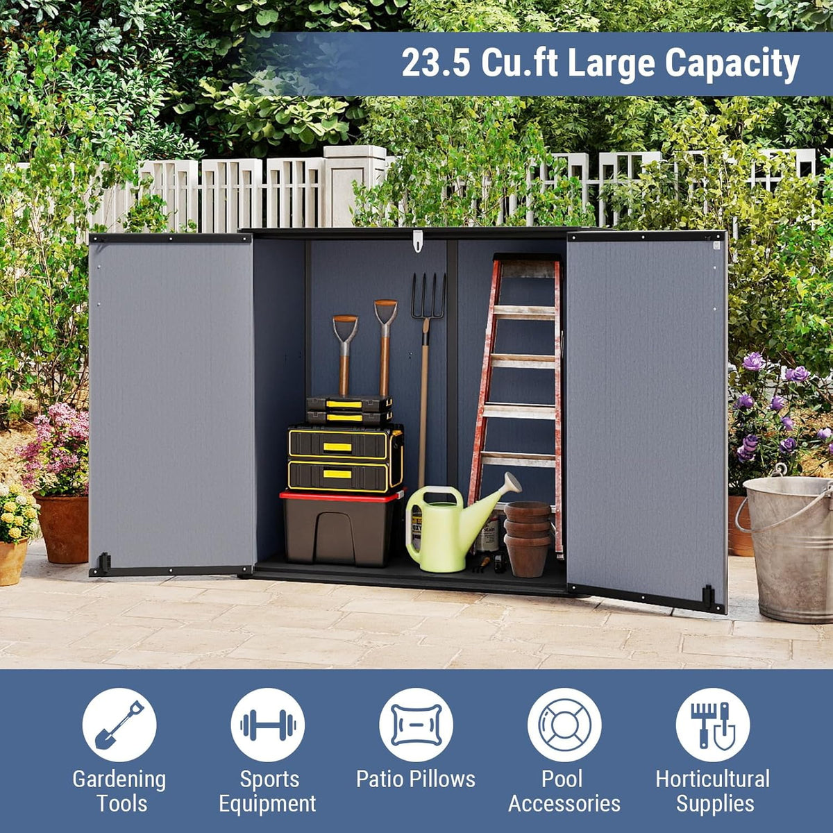 Tangkula 23.5 Cu.ft Outdoor Storage Shed, All-Weather Resin Patio Storage Box with Floor & Lockable Door, Waterproof Deck Box for Garden Tools, Pool Accessories