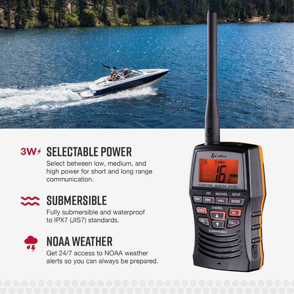 Cobra VHF Marine Radio - MR HH150 FLT - 3 Watt, Floating, Long Range, Handheld, NOAA, International, Waterproof, Submersible, Weather Alerts, LCD Screen, Belt Clip