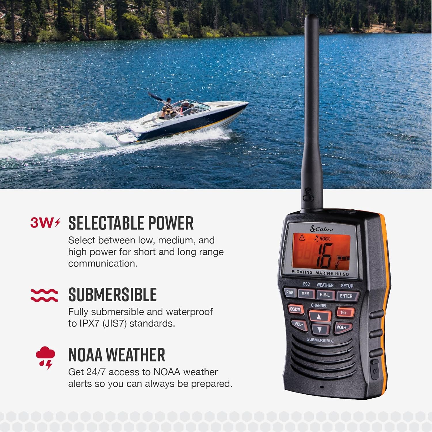 Cobra VHF Marine Radio - MR HH150 FLT - 3 Watt, Floating, Long Range, Handheld, NOAA, International, Waterproof, Submersible, Weather Alerts, LCD Screen, Belt Clip