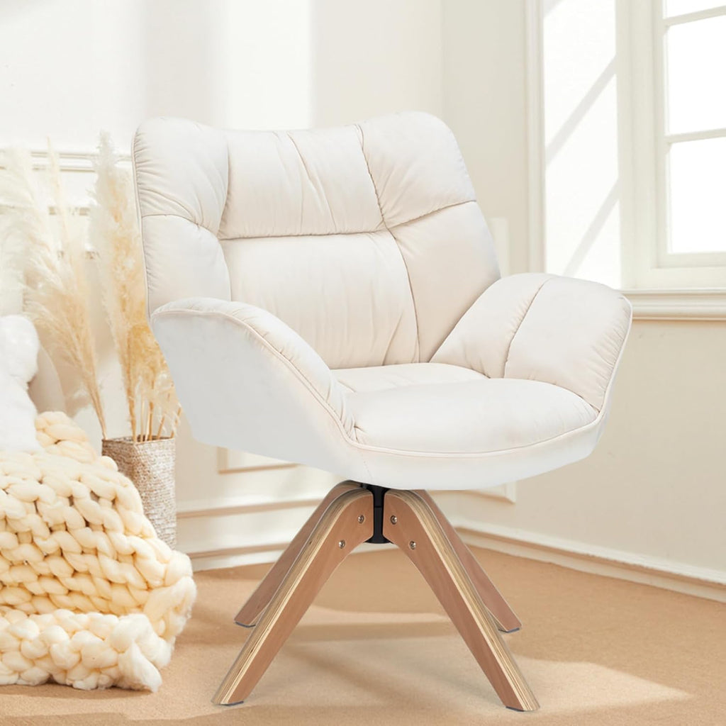 Mid Century Accent Chair, 360° Swivel Fabric Desk Chair, Modern Cozy Vanity Chair No Wheel Wood Legs Upholstered Single Armchair for Living Room Bedroom Office Dining Room (Beige)