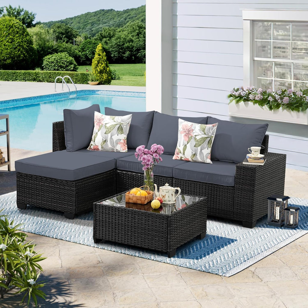 5 Pieces Patio Furniture Set,Wicker PE Rattan Outdoor Sectional with Cushion & Coffee Table, Patio Conversation Sofa for Garden, Backyard, Poolside, Grey