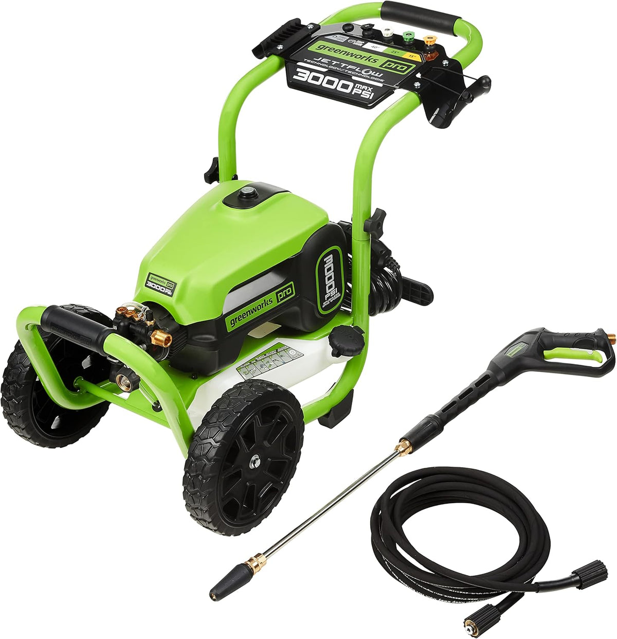 Greenworks 3000 PSI (2.0 GPM Max) Brushless Electric Pressure Washer, Steel Wand, On-Board Soap Tank (15°, 25°, 40°, Soap, and Turbo Nozzle)
