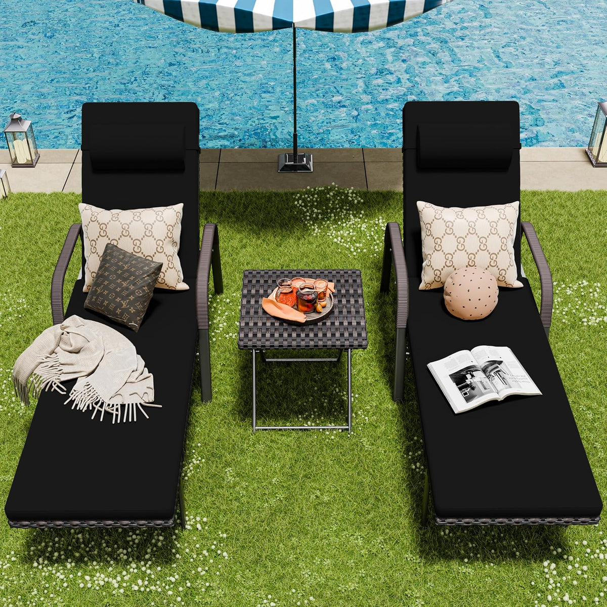 Patio Chaise Lounge Set 3 Pieces Outdoor Lounge Chair with Rattan Adjustable Backrest Armrest and Folding Table for Beach Patio,Sand, for Poolside Backyard Porch