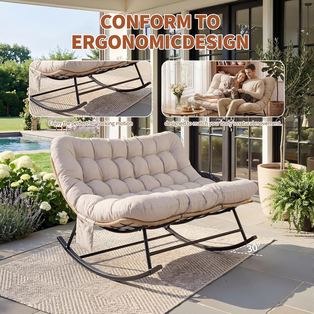 Heavy Duty Rocking Chair 450 Lbs Capacity Waterproof Fabric Indoor Outdoor Rocker with Thick Cushion Metal Frame for Patio Garden Living Room Double Seating Lounge Chair Modern Furniture Gray